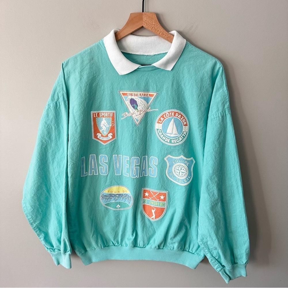 Vintage 90s Teal Graphic Pullover Las Vegas Travel Patch Collared Large